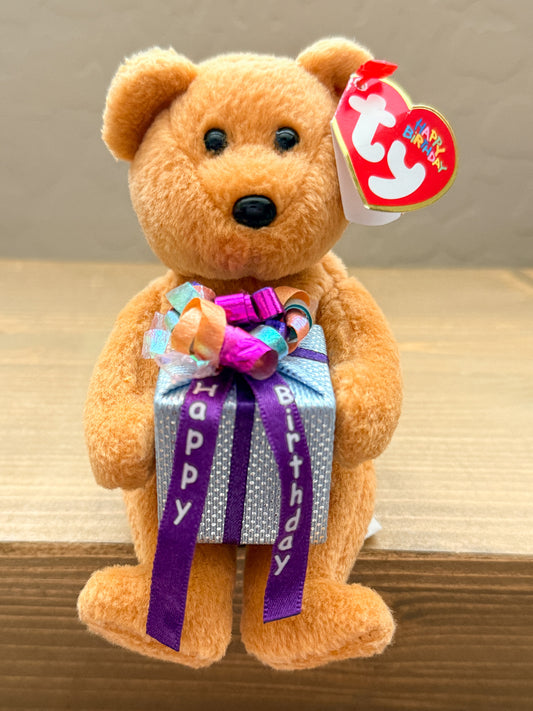 Birthday | Brown Bear Holding a Present TY Animal Plush ( 4.5 in)