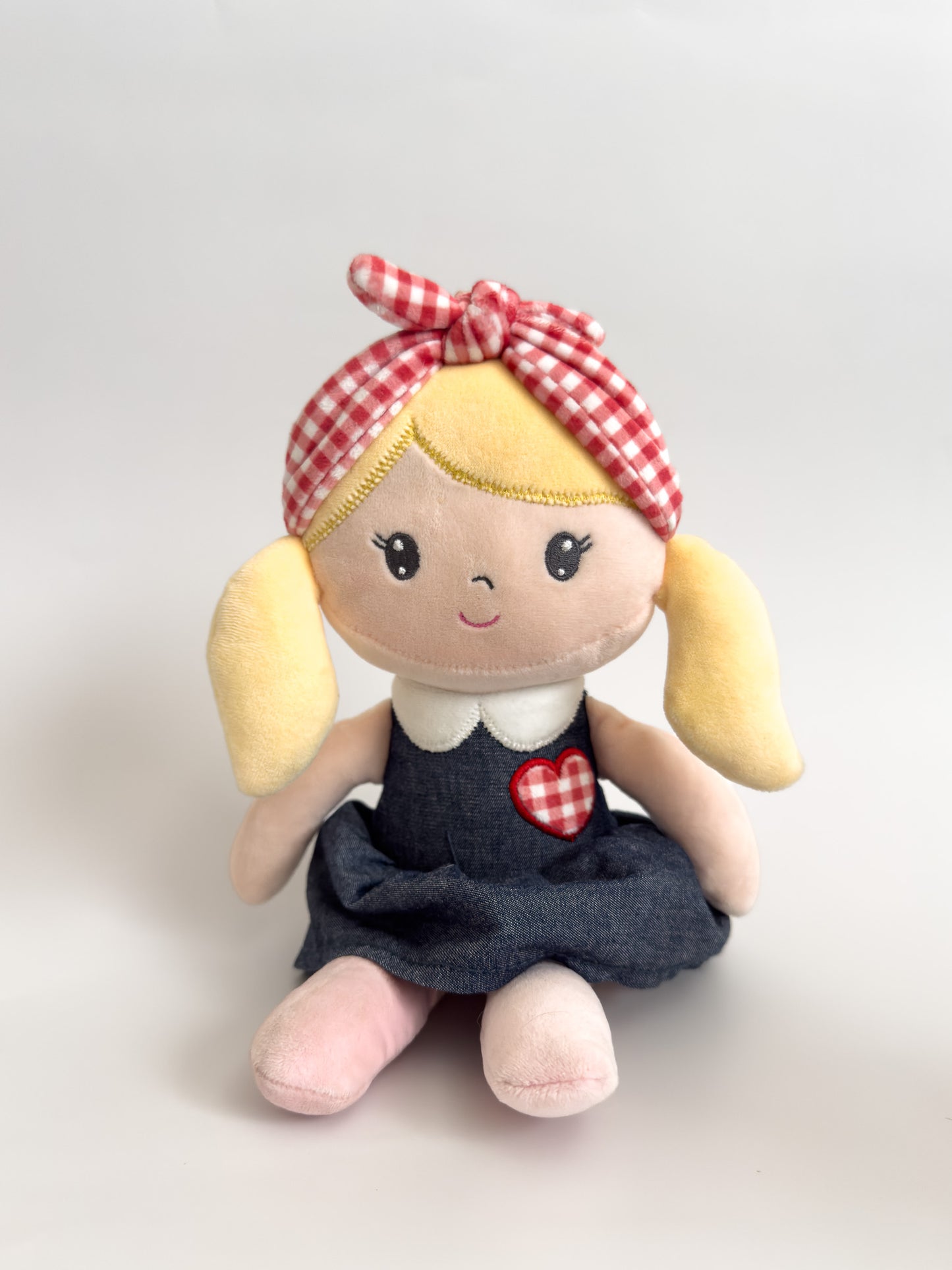 Goldie | Soft Body Carried Away Doll Denim Dress with White and Red Checked Headband Plush ( 9 in)