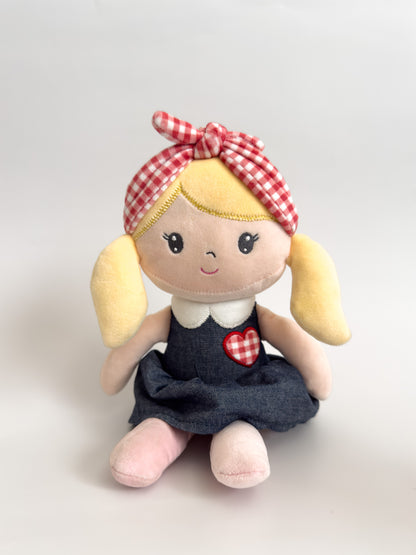 Goldie | Soft Body Carried Away Doll Denim Dress with White and Red Checked Headband Plush ( 9 in)