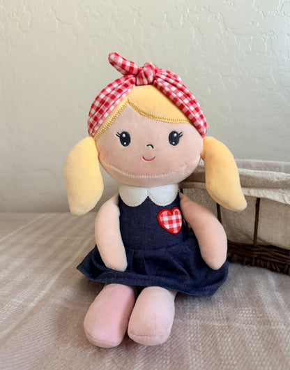 Goldie | Soft Body Carried Away Doll Denim Dress with White and Red Checked Headband Plush ( 9 in)