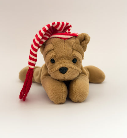 Eugene | Red and White Striped Hat Brown Dog Plush Stuffed Animal  (4 in)