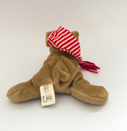 Eugene | Red and White Striped Hat Brown Dog Plush Stuffed Animal  (4 in)